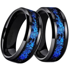 ***COI Black Tungsten Carbide Beveled Edges Ring With Meteorite-01441AA