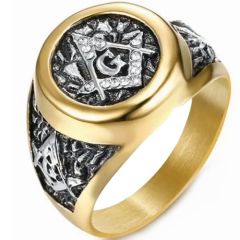 ***COI Titanium Black Gold Tone Silver Masonic Freemason Ring With Cubic Zirconia-01454AA