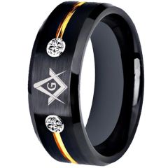 ***COI Titanium Black Gold Tone Masonic Freemason Ring With Cubic Zirconia-01457AA