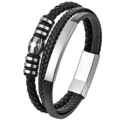***COI Titanium Black Silver Cross Genuine Leather Bracelet With Steel Clasp(Length: 8.27 inches)-01465AA