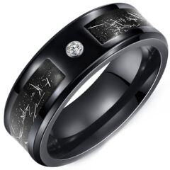 ***COI Black Tungsten Carbide Meteorite Beveled Edges Ring With Cubic Zirconia-01471AA