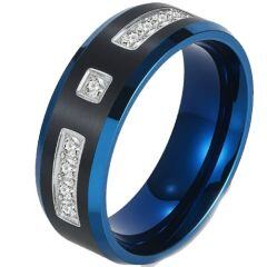 ***COI Titanium Black Blue Beveled Edges Ring With Cubic Zirconia-01516AA