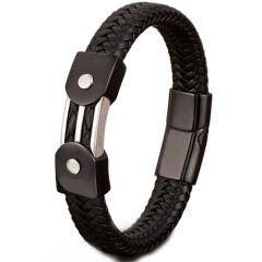 ***COI Titanium Black Silver Genuine Leather Bracelet With Steel Clasp(Length: 8.27 inches)-01525AA