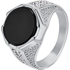 ***COI Titanium Gold Tone/Silver Cubic Zirconia Ring With Black Onyx-01529AA