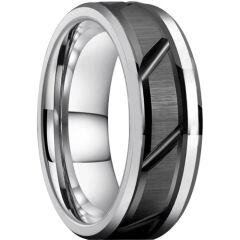 ***COI Tungsten Carbide Black Silver Diagonal Grooves Beveled Edges Ring-01538AA
