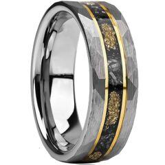 ***COI Tungsten Carbide Gold Tone Silver Faceted Ring With Meteorite & Gold Foil-01542AA