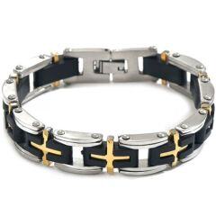 ***COI Titanium Black Gold Tone Silver Cross Bracelet With Steel Clasp(Length: 8.46 inches)-01568AA