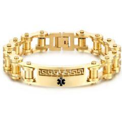 ***COI Gold Tone Titanium Greek Key Pattern Medical Alert Bracelet With Steel Clasp(Length: 9.06 inches)-01593AA