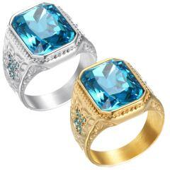 ***COI Titanium Gold Tone Silver Ring With Blue Topaz-01606AA
