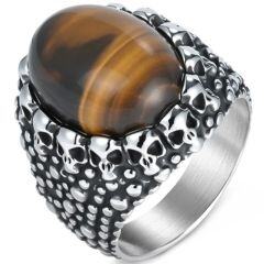 ***COI Titanium Black Silver Skull Ring With Tiger Eye or Black Onyx-01609AA