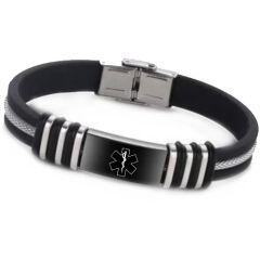 ***COI Titanium Black/Gold Tone/Silver Medical Alert Rubber Bracelet With Steel Clasp(Length: 8.27 inches)-01629AA