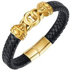 ***COI Gold Tone Titanium Infinity & Celtic Genuine Leather Bracelet With Steel Clasp(Length: 8.27 inches)-01631AA