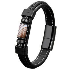 ***COI Black Titanium Tiger Eye Genuine Leather Bracelet With Steel Clasp(Length: 8.27 inches)-01633AA