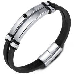 ***COI Titanium Black Silver Medical Alert Genuine Leather Bracelet With Steel Clasp(Length: 8.27 inches)-01649AA