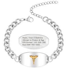 ***COI Titanium Black/Silver Gold Tone Medical Alert Custom Engraving Bracelet With Steel Clasp(Length: 8.27 inches)-01664AA
