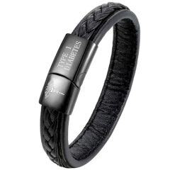 ***COI Black Titanium Medical Alert Genuine Custom Engraving Leather Bracelet With Steel Clasp(Length: 8.27 inches)-01667AA
