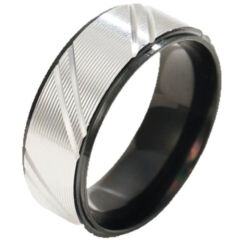 ***COI Titanium Silver Black/Gold Tone/Silver Diagonal Grooves Step Edges Rng-01670AA