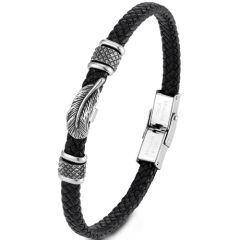 ***COI Titanium Black Silver Feather Genuine Leather Bracelet With Steel Clasp(Length: 8.85 inches)-01680AA