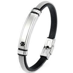 ***COI Titanium Black Silver Medical Alert Genuine Leather Bracelet With Steel Clasp(Length: 8.66 inches)-01681AA