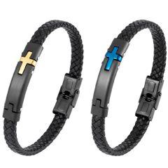 ***COI Titanium Black Gold Tone/Blue Cross Genuine Leather Bracelet With Steel Clasp(Length: 8.86 inches)-01682AA