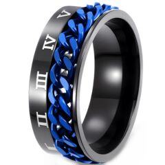 ***COI Titanium Black Blue Roman Numerals Keychain Ring-01690AA