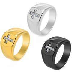 ***COI Titanium Black/Gold Tone/Silver Cross Ring With Cubic Zirconia-01693AA
