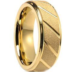 ***COI Gold Tone Tungsten Carbide Diagonal Grooves Sandblasted Step Edges Ring-01712AA