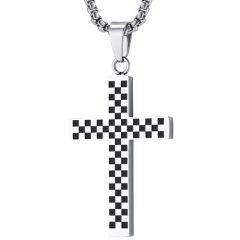 ***COI Titanium Black/Silver Checkered Flag Cross Pendant-01717AA