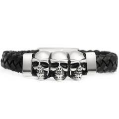 ***COI Titanium Black Silver Skull Genuine Leather Bracelet With Steel Clasp(Length: 8.27 inches)-01722AA