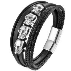 ***COI Titanium Black/Silver Skull Genuine Leather Bracelet With Steel Clasp(Length: 8.27 inches)-01723AA