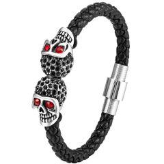 ***COI Titanium Black Silver Skull Cubic Zirconia Genuine Leather Bracelet With Steel Clasp(Length: 8.27 inches)-01725AA