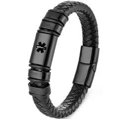 ***COI Black Titanium Medical Alert Genuine Leather Bracelet With Steel Clasp(Length: 8.27 inches)-01727AA