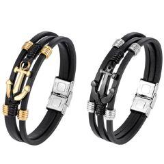 ***COI Titanium Black/Gold Tone Silver Anchor Genuine Leather Bracelet With Steel Clasp(Length: 8.66 inches)-01734AA