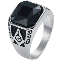 ***COI Titanium Black Gold Tone/Silver Masonic Freemason Ring With Black Onyx-01738AA