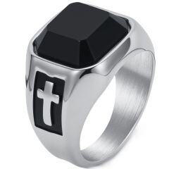***COI Titanium Black Gold Tone/Silver Cross Ring With Black Onyx-01739AA