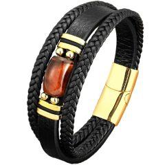 ***COI Gold Tone Titanium Tiger Eye Genuine Leather Bracelet With Steel Clasp(Length: 8.27 inches)-01748AA