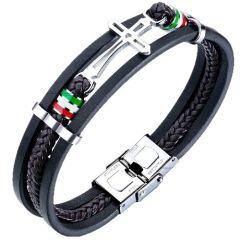 ***COI Titanium Cross Genuine Leather Bracelet With Steel Clasp(Length: 8.27 inches)-01758AA