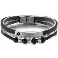 ***COI Titanium Black/Silver Medical Alert Genuine Leather Bracelet With Steel Clasp(Length: 8.27 inches)-01762AA
