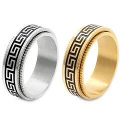 ***COI Titanium Black Gold Tone/Silver Greek Key Pattern Step Edges Ring-01769AA