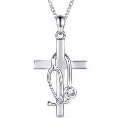 ***COI Titanium Silver Rose/Gold Tone/Silver Stethoscope Cross Pendant With Cubic Zirconia-01874AA