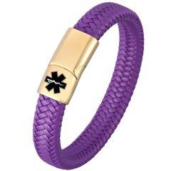 ***COI Gold Tone Titanium Medical Alert Purple Genuine Leather Bracelet With Steel Clasp(Length: 8.27 inches)-01878AA