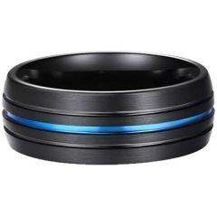 ***COI Titanium Black Blue Triple Grooves Ring-01884AA