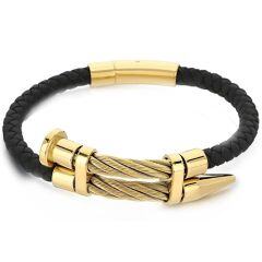 ***COI Titanium Black/Gold Tone/Silver Genuine Leather Bracelet With Steel Clasp(Length: 8.46 inches)-01897AA
