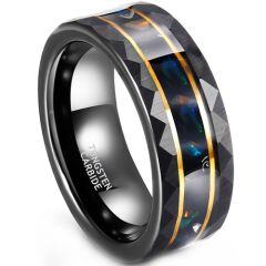 ***COI Tungsten Carbide Black Gold Tone Double Grooves Faceted Abalone Shell & Meteorite Ring-01903AA