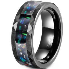 ***COI Black Tungsten Carbide Faceted Ring With Abalone Shell-01907AA