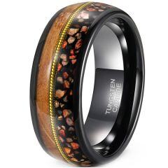 ***COI Tungsten Carbide Black Gold Tone Wire Ring With Koa Wood & Dinosaur Bone-01910AA