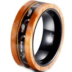 ***COI Tungsten Carbide Black Gold Tone Wire Ring With Koa Wood & Meteorite-01915AA