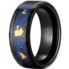 ***COI Black Tungsten Carbide Faceted Ring With Meteorite & Gold Foid-01919AA