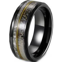 ***COI Tungsten Carbide Black Gold Tone Wire Ring With Deer Antler & Meteorite-01922AA
