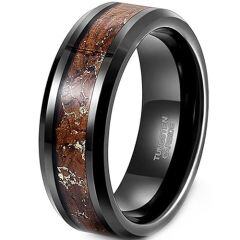 ***COI Black Tungsten Carbide Beveled Edges Ring With Koa Wood & Gold Foil-01924AA